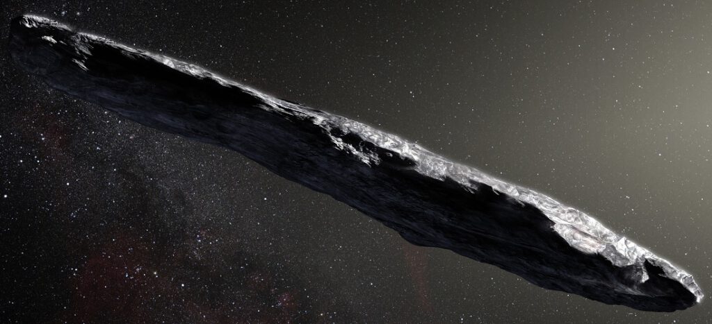 Taiteilijan näkemys Oumuamua-asteroidista.